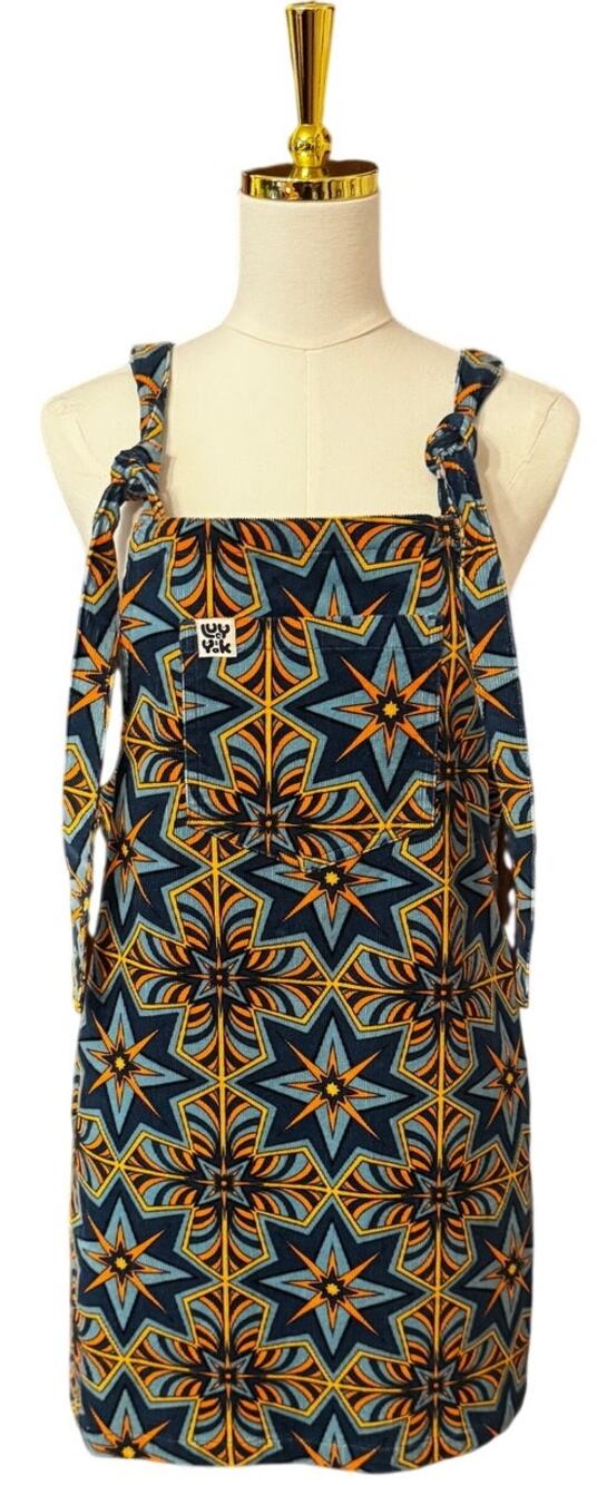 Lucy & Yak Organic Cotton Printed Corduroy Overall Dress Blue Orange Star (10)